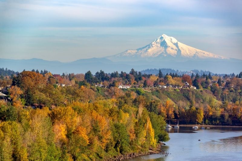 view of Mt Hood in the fall with Portland neighborhood, How much does it cost to live in Portland Oregon